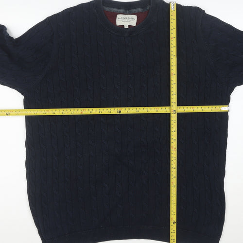 Racing Green Men's Blue Cable-Knit Cotton Jumper XL Crew Neck