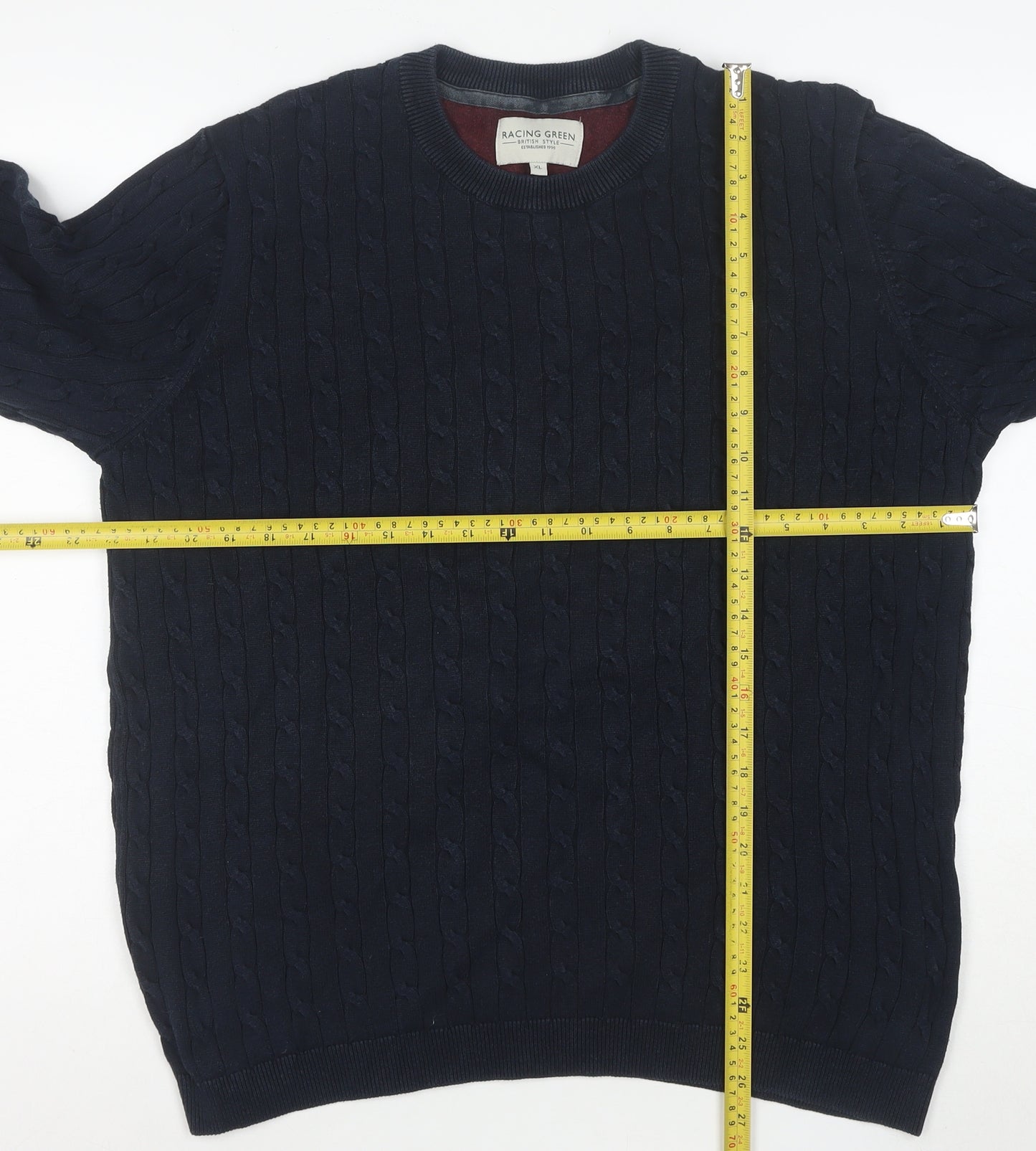 Racing Green Men's Blue Cable-Knit Cotton Jumper XL Crew Neck