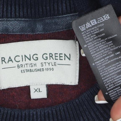 Racing Green Men's Blue Cable-Knit Cotton Jumper XL Crew Neck