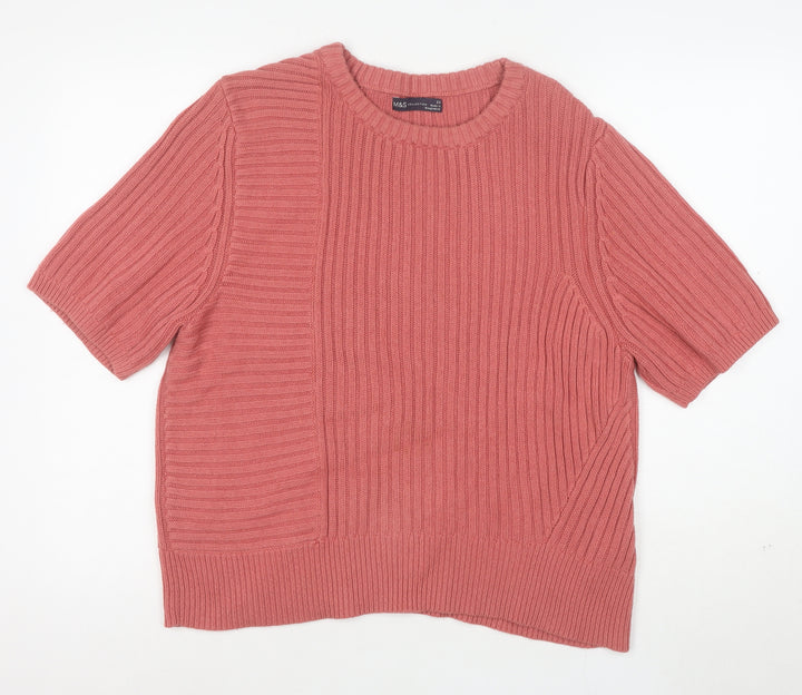 Marks and Spencer Women's Pink Crew Neck Short Sleeve Cotton Wool Jumper Size 20
