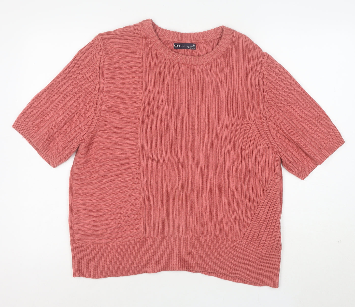 Marks and Spencer Women's Pink Crew Neck Short Sleeve Cotton Wool Jumper Size 20