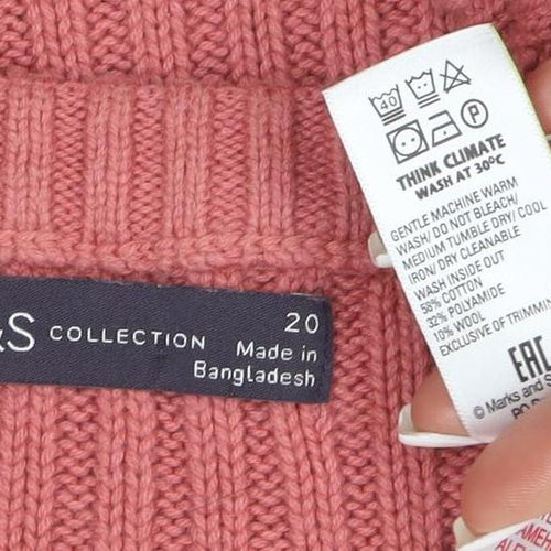 Marks and Spencer Women's Pink Crew Neck Short Sleeve Cotton Wool Jumper Size 20