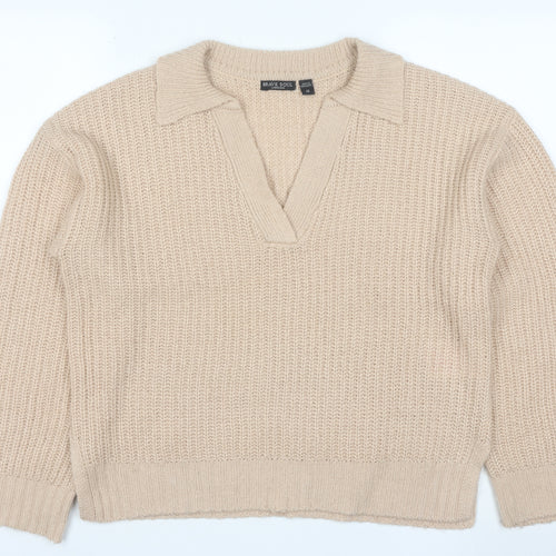 Brave Soul Women Beige Collared Chunky Knit Pullover Jumper Size 14