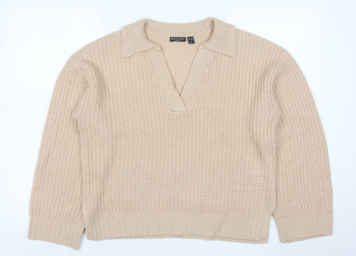 Brave Soul Women Beige Collared Chunky Knit Pullover Jumper Size 14
