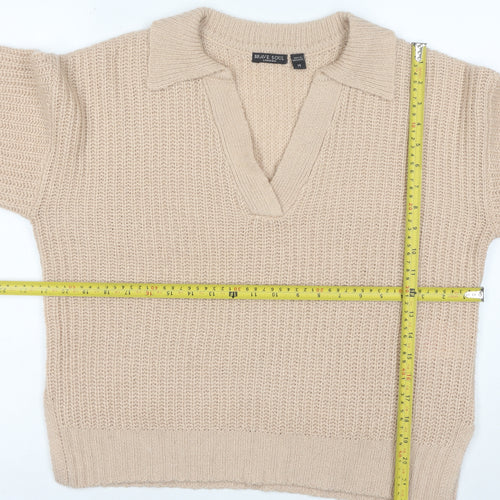 Brave Soul Women Beige Collared Chunky Knit Pullover Jumper Size 14