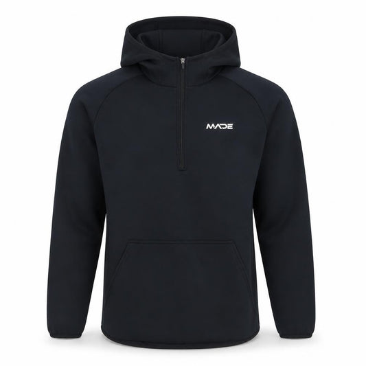 Front view of MADE Running Men's Black Small 1/4 Zip Hoodie with Kangaroo Pocket