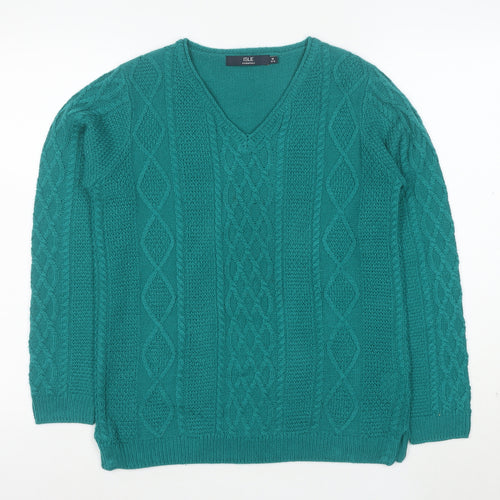 ISLE Essentials Women's Green V-Neck Cable-Knit Acrylic Jumper M