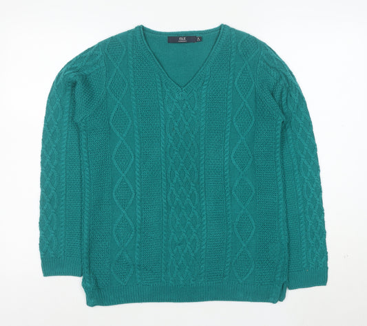 ISLE Essentials Women's Green V-Neck Cable-Knit Acrylic Jumper M