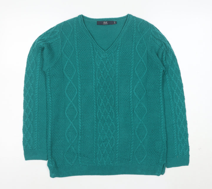 ISLE Essentials Women's Green V-Neck Cable-Knit Acrylic Jumper M