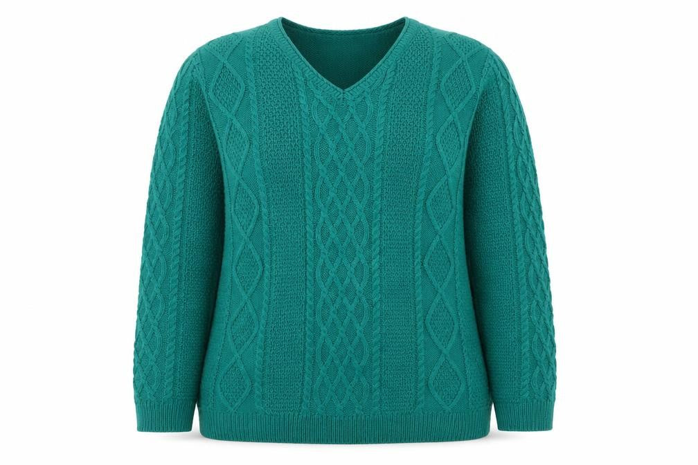 Front view of ISLE Essentials Women's Green V-Neck Cable-Knit Acrylic Jumper M