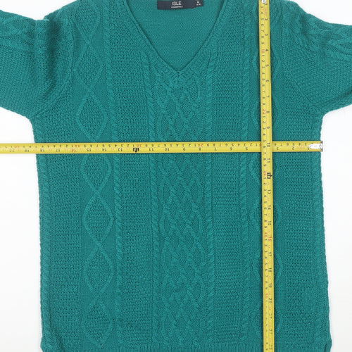 ISLE Essentials Women's Green V-Neck Cable-Knit Acrylic Jumper M