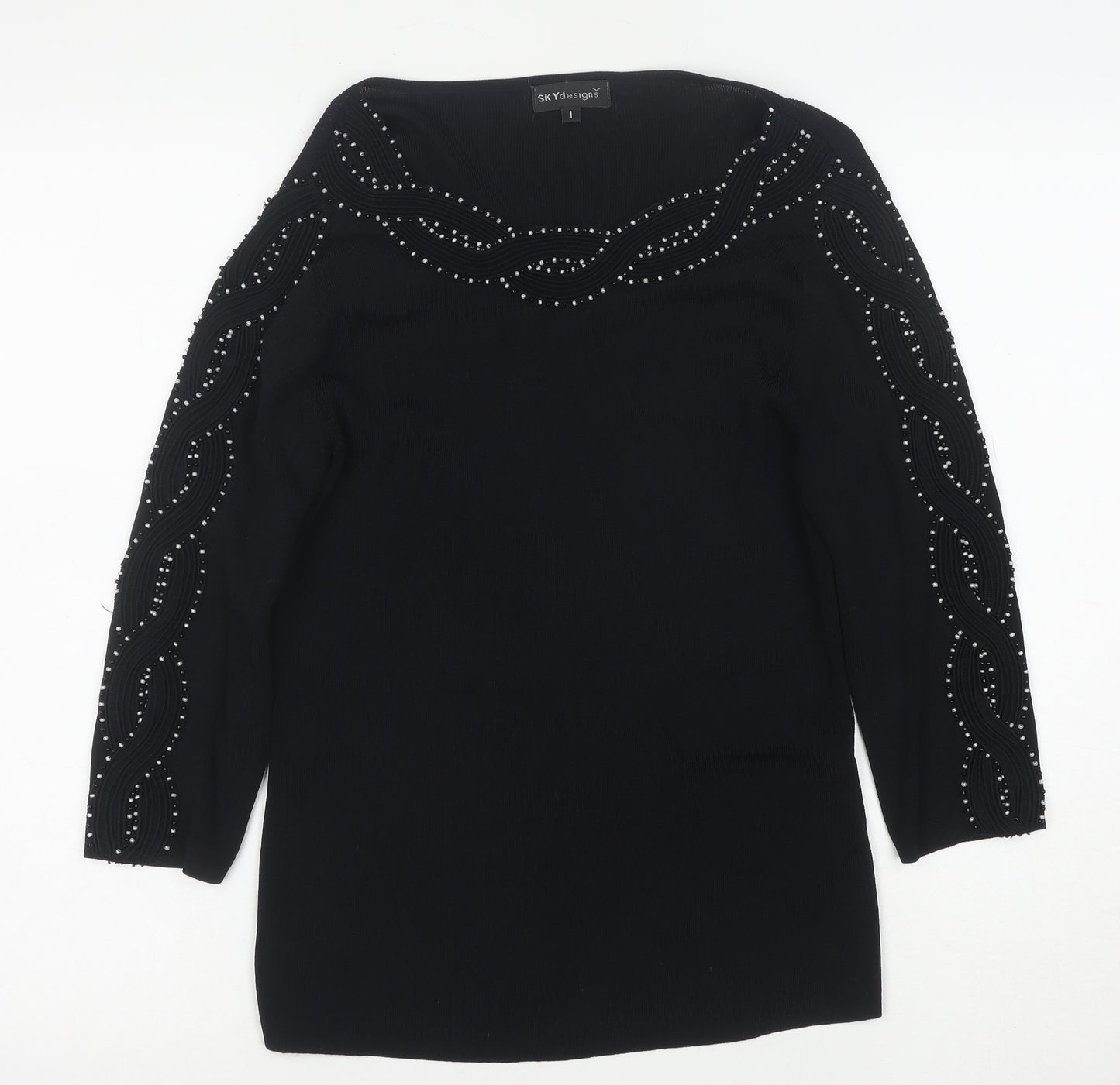 Sky Designs Women's Black Beaded Long Sleeve Tunic Blouse Size L