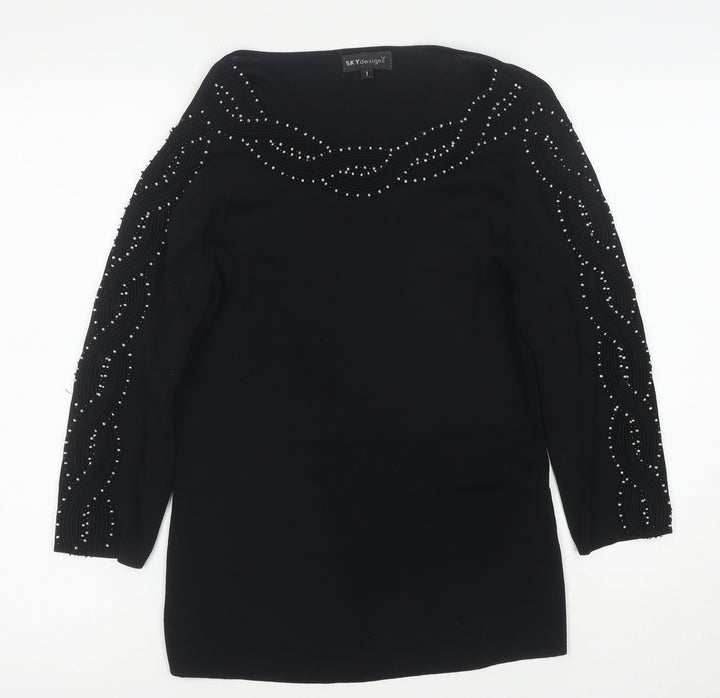 Sky Designs Women's Black Beaded Long Sleeve Tunic Blouse Size L