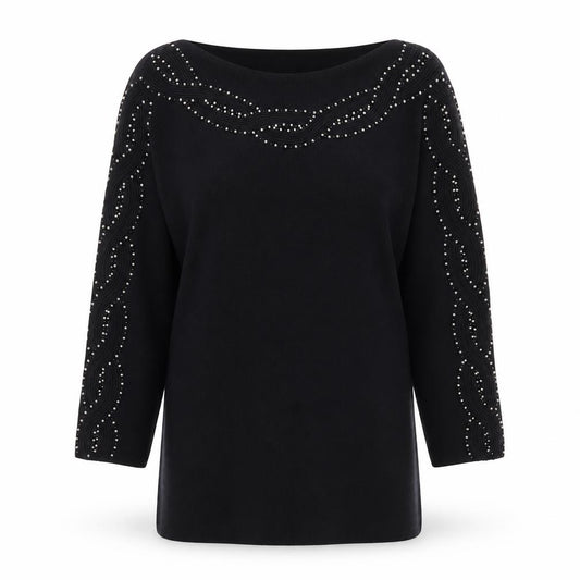 Front view of Sky Designs Women's Black Beaded Long Sleeve Tunic Blouse, size L