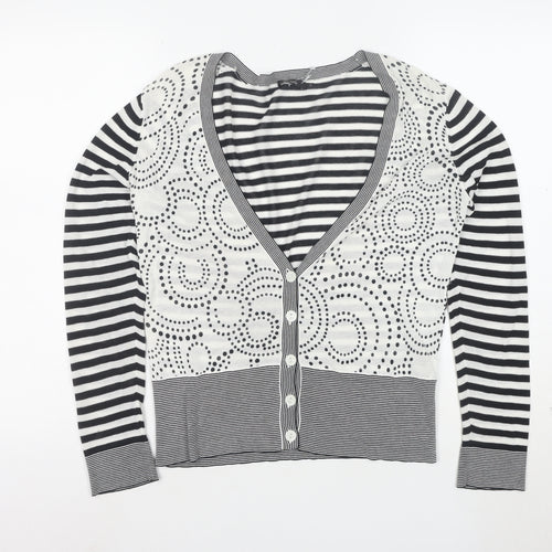 Linea Women’s Black White Striped V-Neck Button Cardigan M Cotton