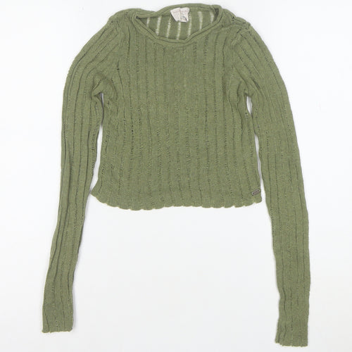 Pull&Bear Teens Green Cropped Knit Long Sleeve T-Shirt XS