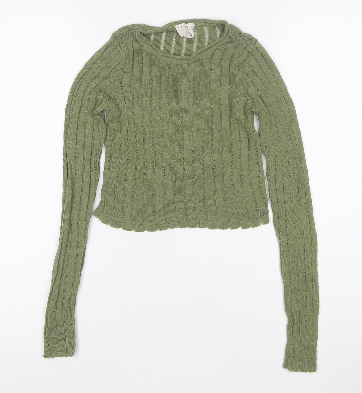 Pull&Bear Teens Green Cropped Knit Long Sleeve T-Shirt XS