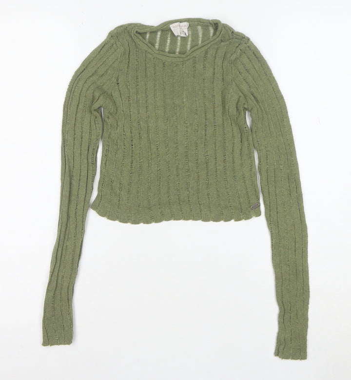 Pull&Bear Teens Green Cropped Knit Long Sleeve T-Shirt XS