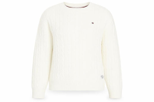 Front view of Tommy Hilfiger girls’ ivory cable knit wool blend jumper, size 164