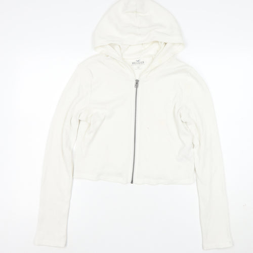Hollister Women's White Full Zip Hoodie Medium Waffle Knit Cotton Blend
