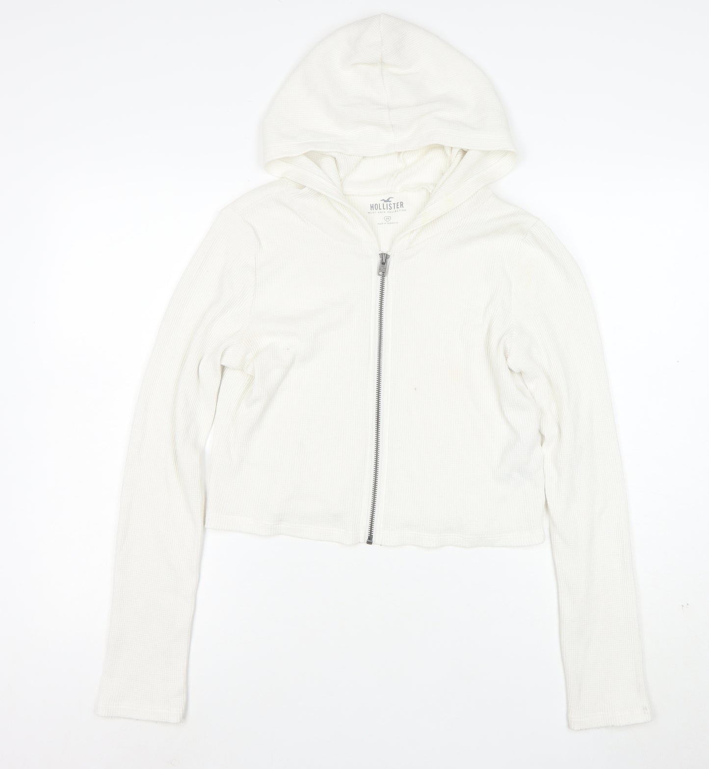 Hollister Women's White Full Zip Hoodie Medium Waffle Knit Cotton Blend
