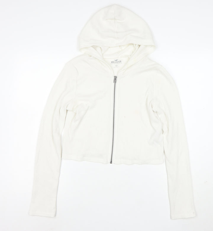 Hollister Women's White Full Zip Hoodie Medium Waffle Knit Cotton Blend
