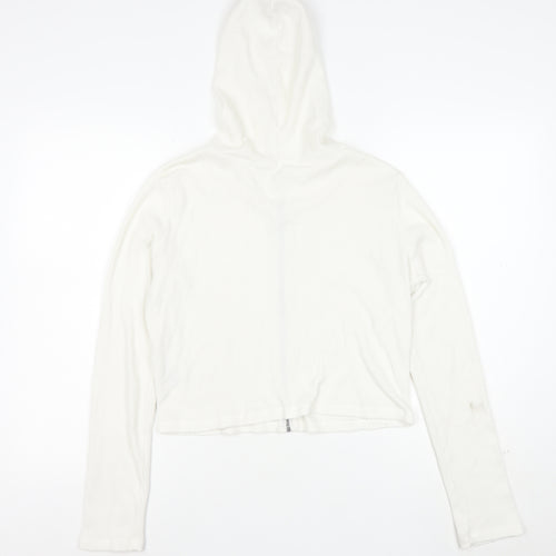 Hollister Women's White Full Zip Hoodie Medium Waffle Knit Cotton Blend