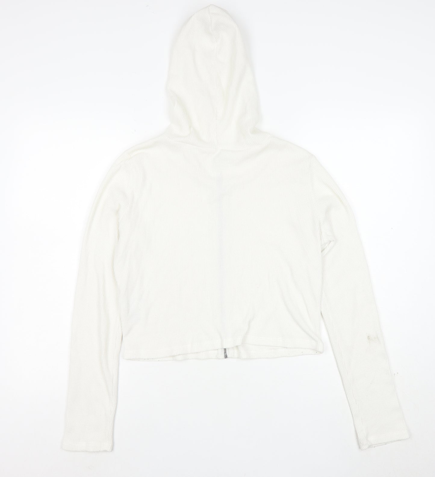 Hollister Women's White Full Zip Hoodie Medium Waffle Knit Cotton Blend