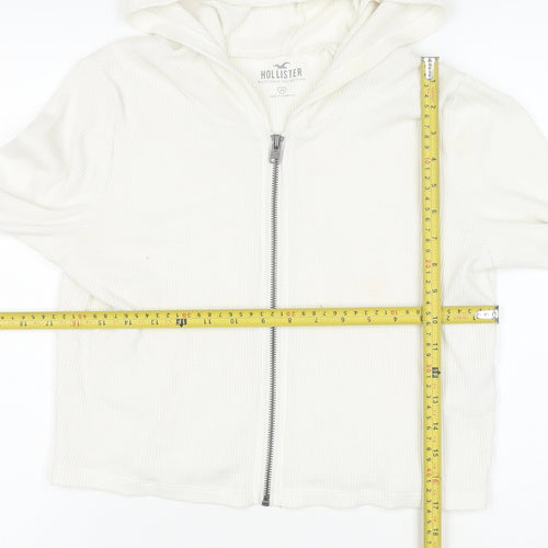 Hollister Women's White Full Zip Hoodie Medium Waffle Knit Cotton Blend