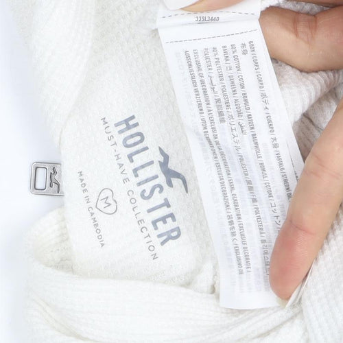 Hollister Women's White Full Zip Hoodie Medium Waffle Knit Cotton Blend
