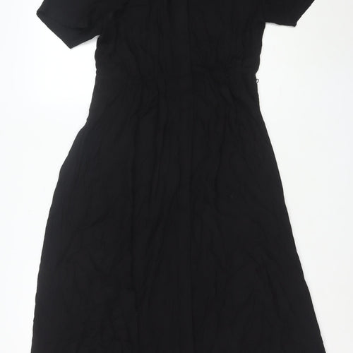 H&M Women Black Viscose Midi Dress Short Sleeve Fit & Flare Size 10