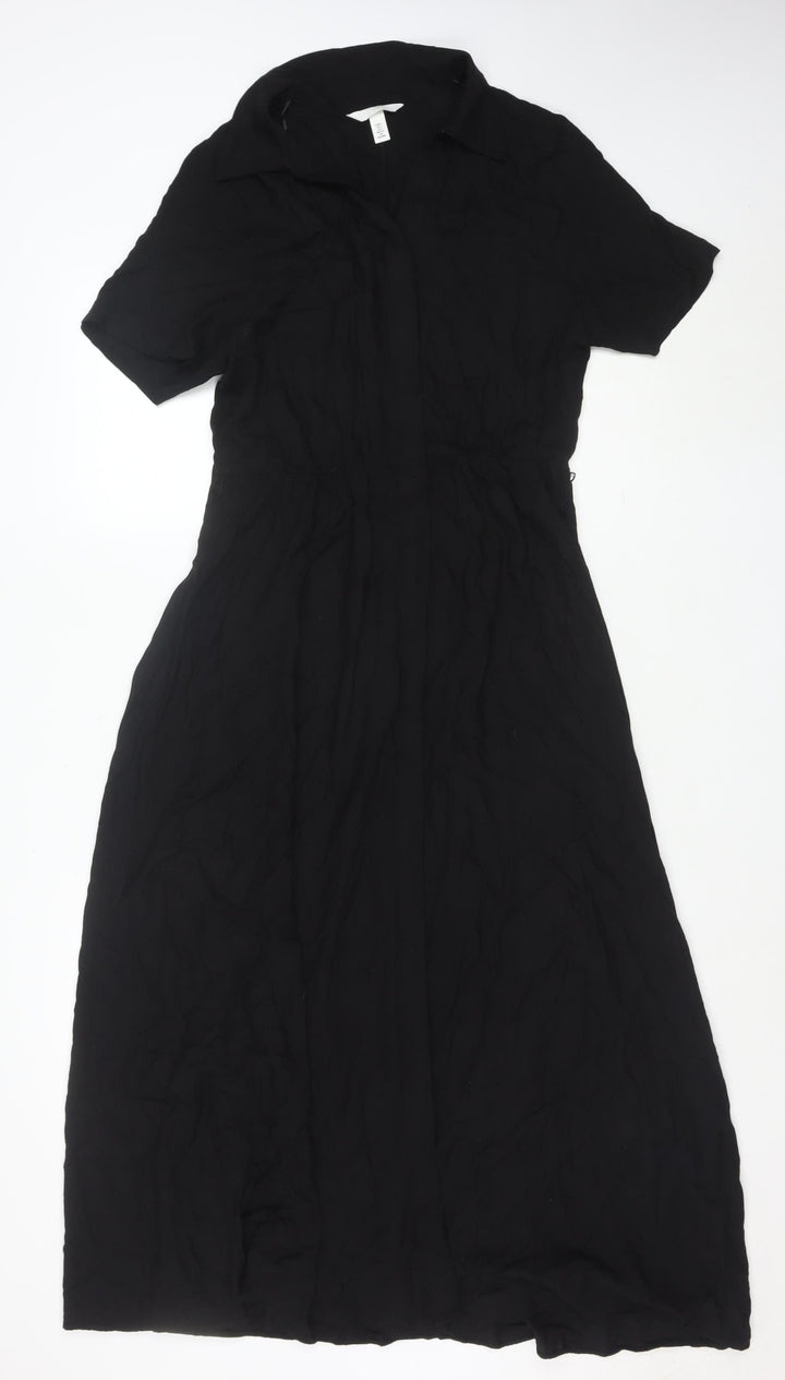 H&M Women Black Viscose Midi Dress Short Sleeve Fit & Flare Size 10