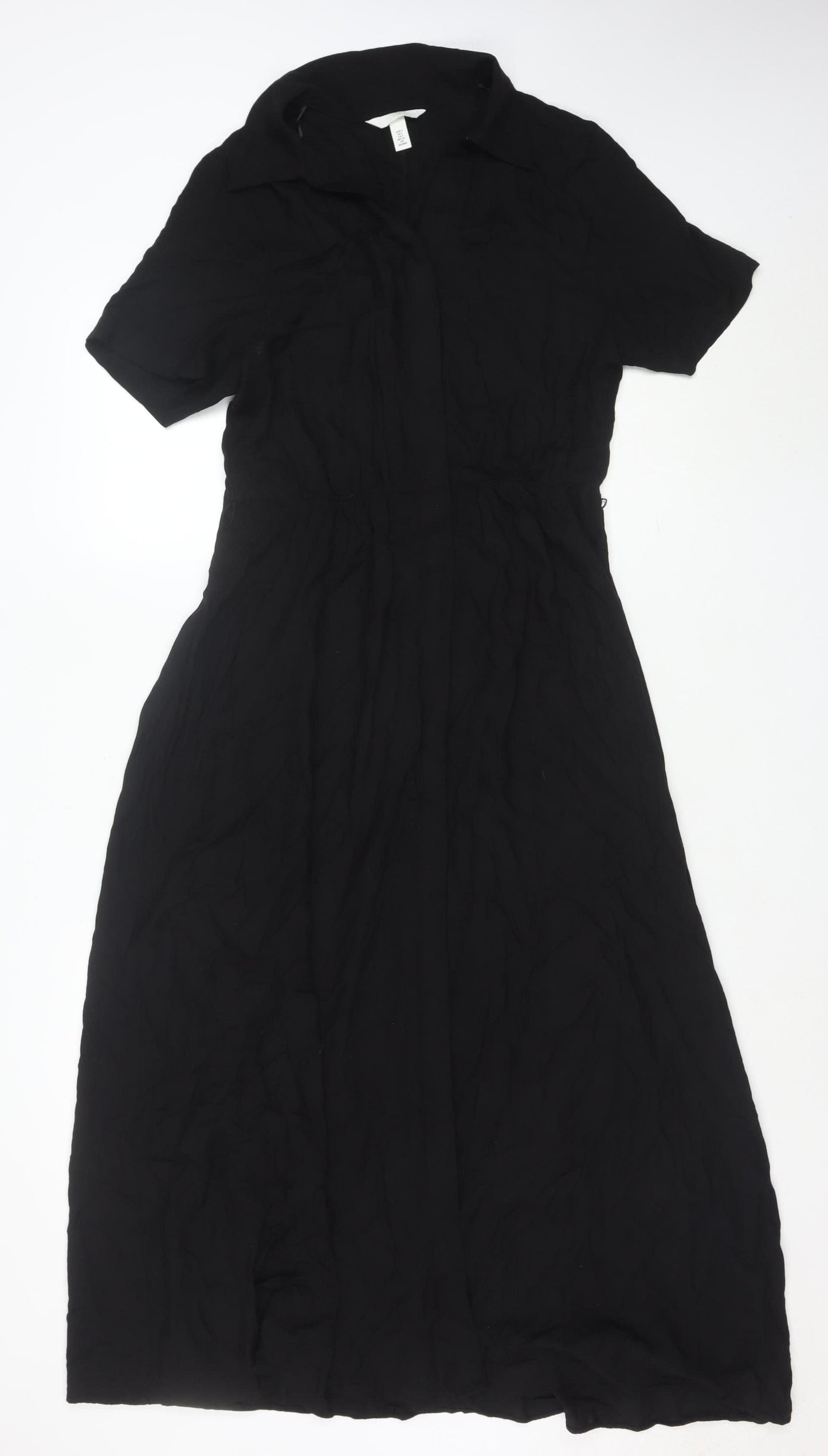 H&M Women Black Viscose Midi Dress Short Sleeve Fit & Flare Size 10