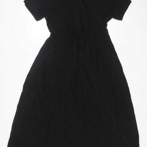 H&M Women Black Viscose Midi Dress Short Sleeve Fit & Flare Size 10