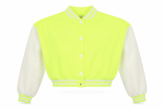 Front view of STYOUROUTFIT Women's Yellow Varsity Jacket, size 12, Cropped Casual