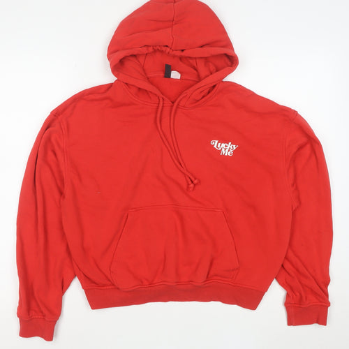 H&M Divided Red Pullover Hoodie Women M Lucky Me Print Cotton Blend