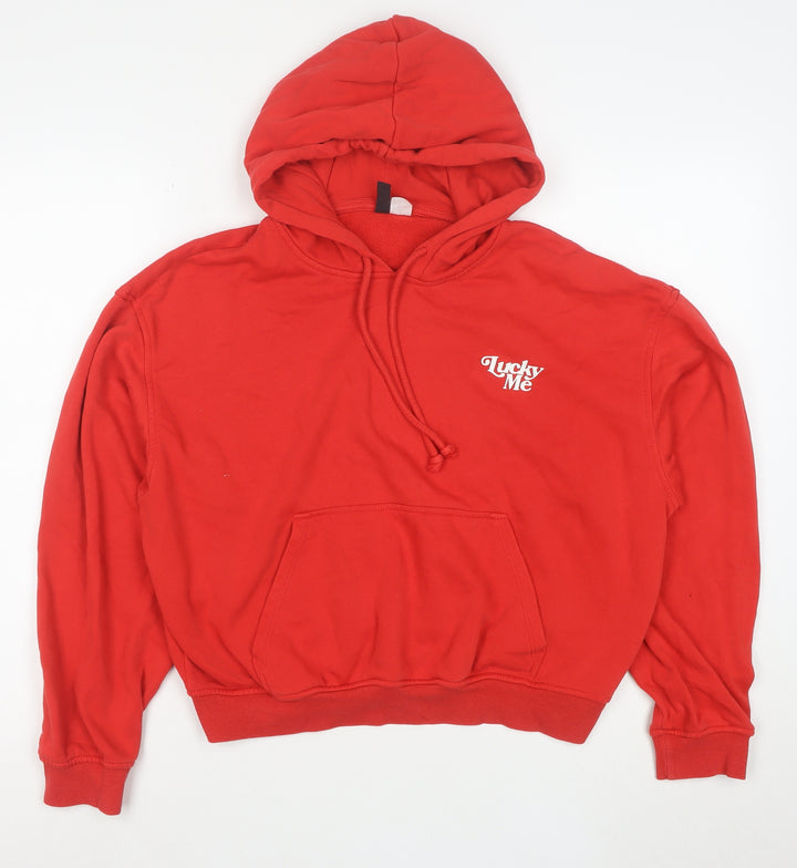 H&M Divided Red Pullover Hoodie Women M Lucky Me Print Cotton Blend
