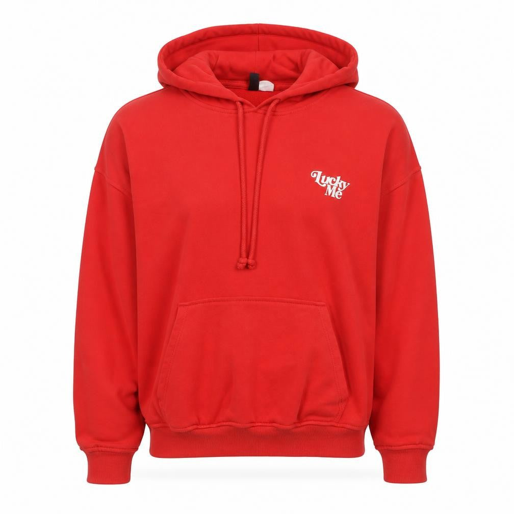 H&M Divided Red Pullover Hoodie Women M Lucky Me Print Cotton Blend