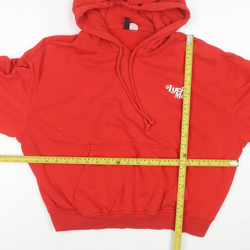 H&M Divided Red Pullover Hoodie Women M Lucky Me Print Cotton Blend