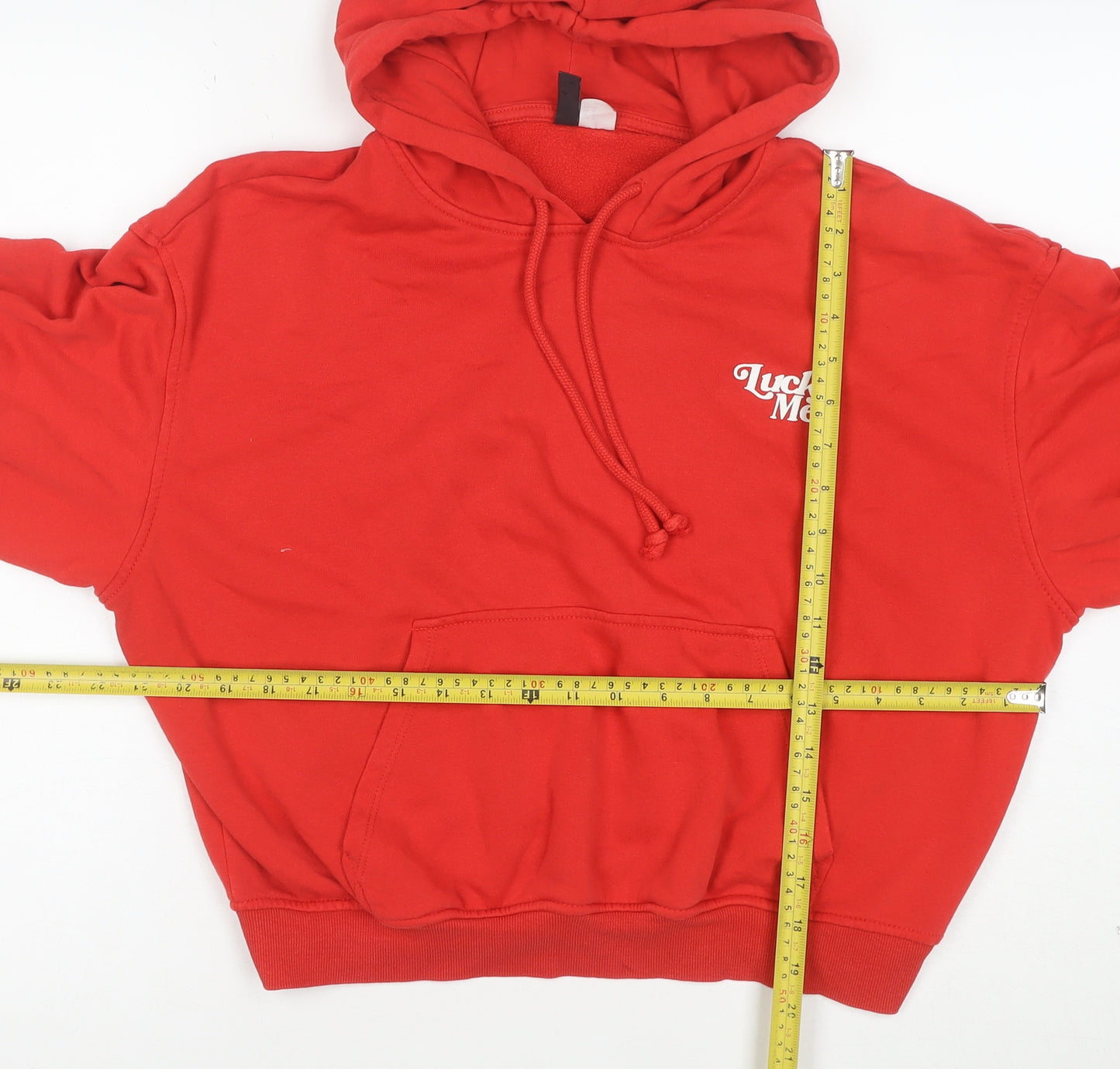 H&M Divided Red Pullover Hoodie Women M Lucky Me Print Cotton Blend