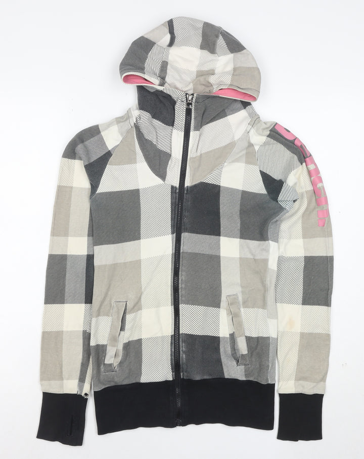 Bench Women's Grey Check Full Zip Hoodie Size M Cotton Casual