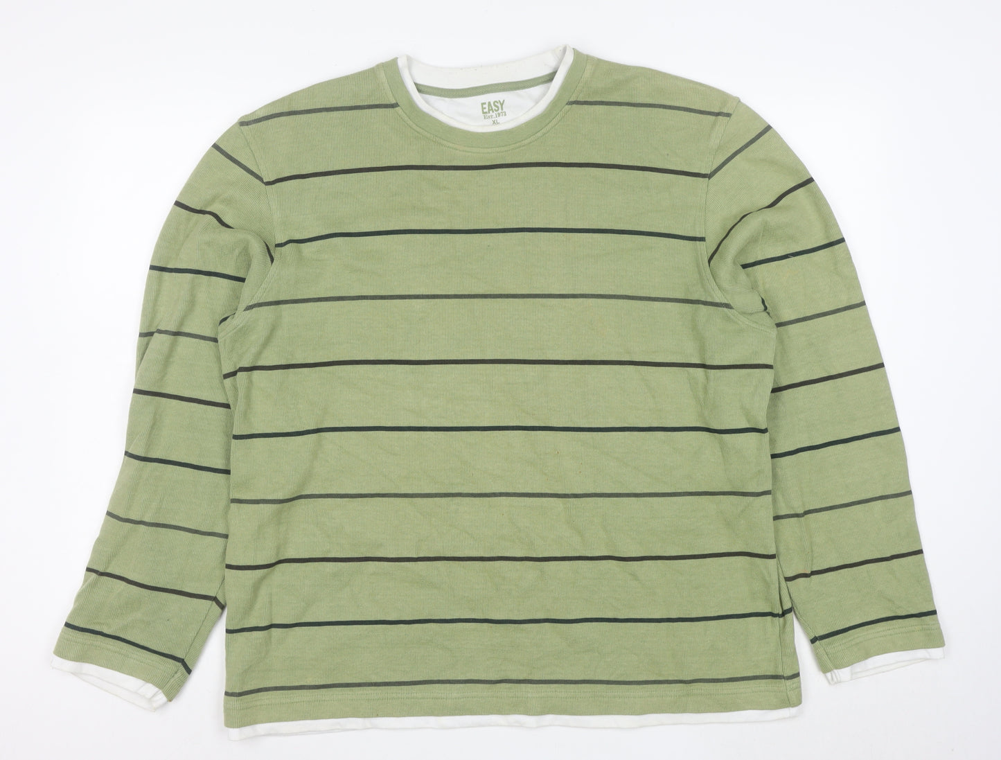 Easy Mens Green Striped Cotton Pullover Jumper XL