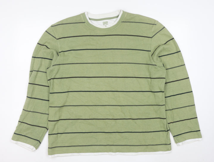 Easy Mens Green Striped Cotton Pullover Jumper XL