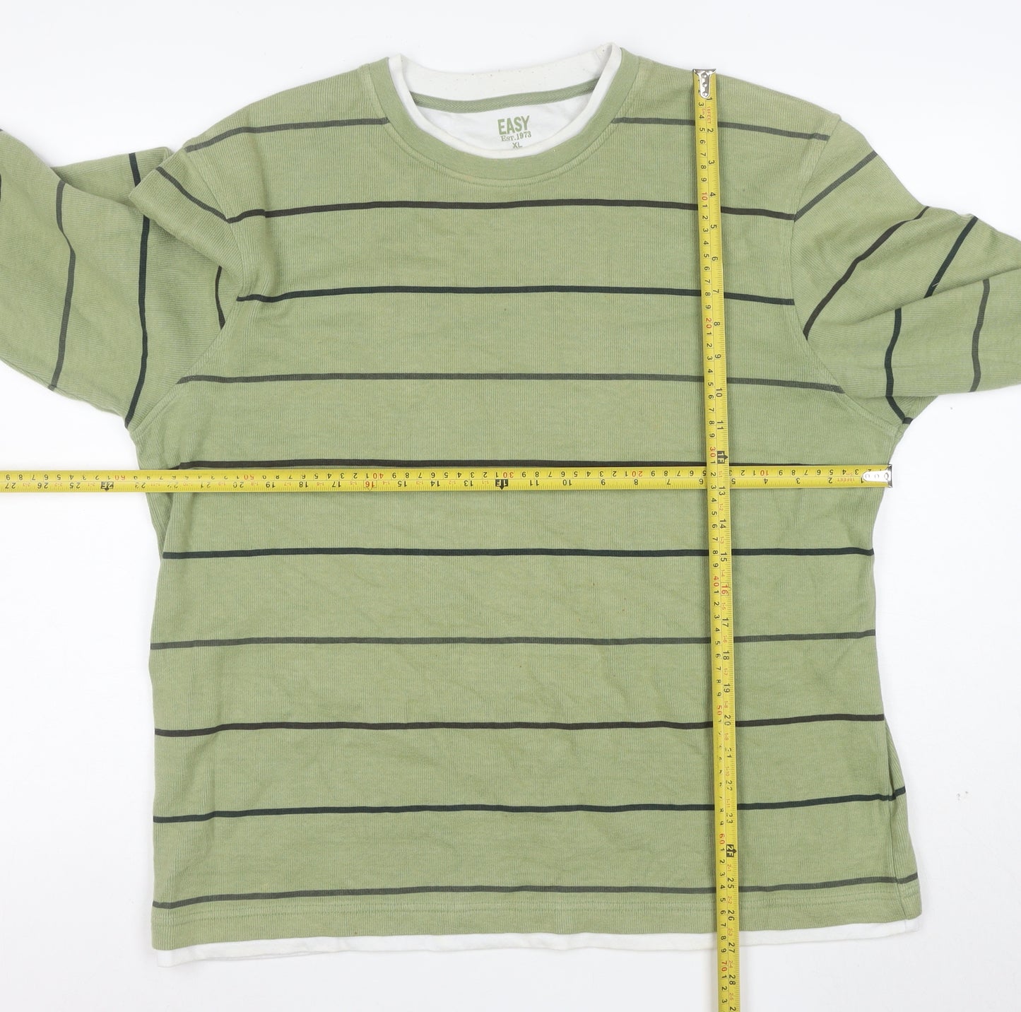 Easy Mens Green Striped Cotton Pullover Jumper XL