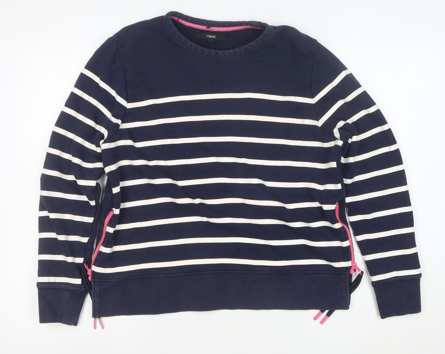 Next Women Navy Blue Striped Sweatshirt Size M Cotton Zip Detail