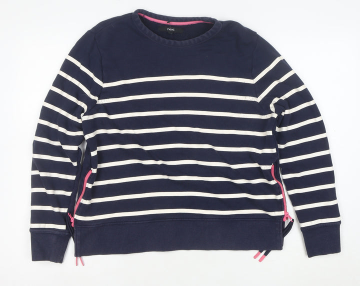Next Women Navy Blue Striped Sweatshirt Size M Cotton Zip Detail
