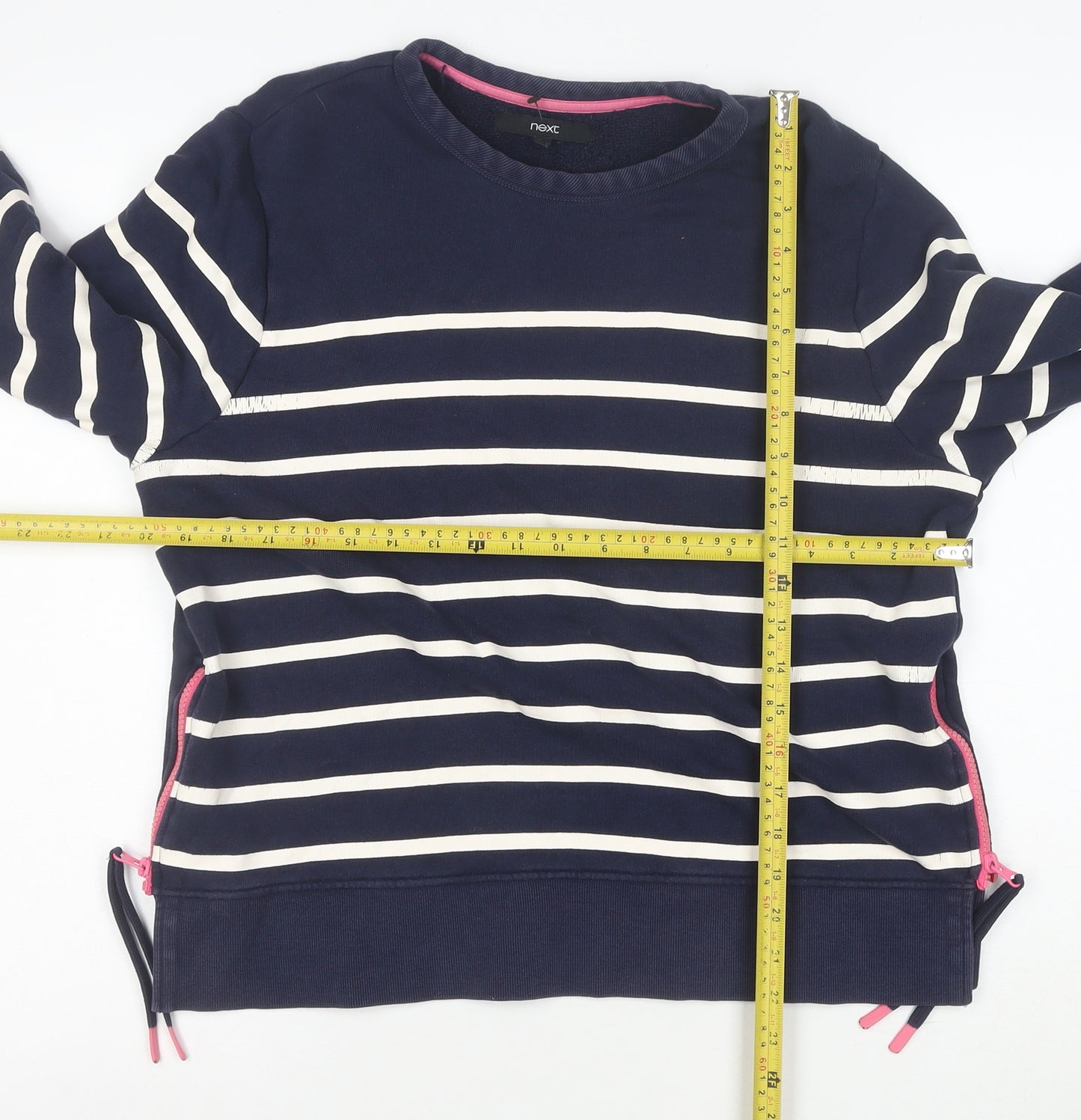 Next Women Navy Blue Striped Sweatshirt Size M Cotton Zip Detail