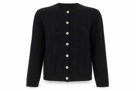 Front view of ASOS women’s black knit crew neck button cardigan, size S