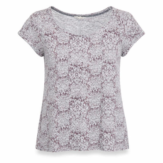 Front view of White Stuff women’s grey floral linen t-shirt, size UK 8, short sleeve