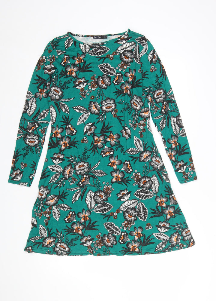 Boohoo Women’s Green Floral A-Line Long Sleeve Dress Size 10